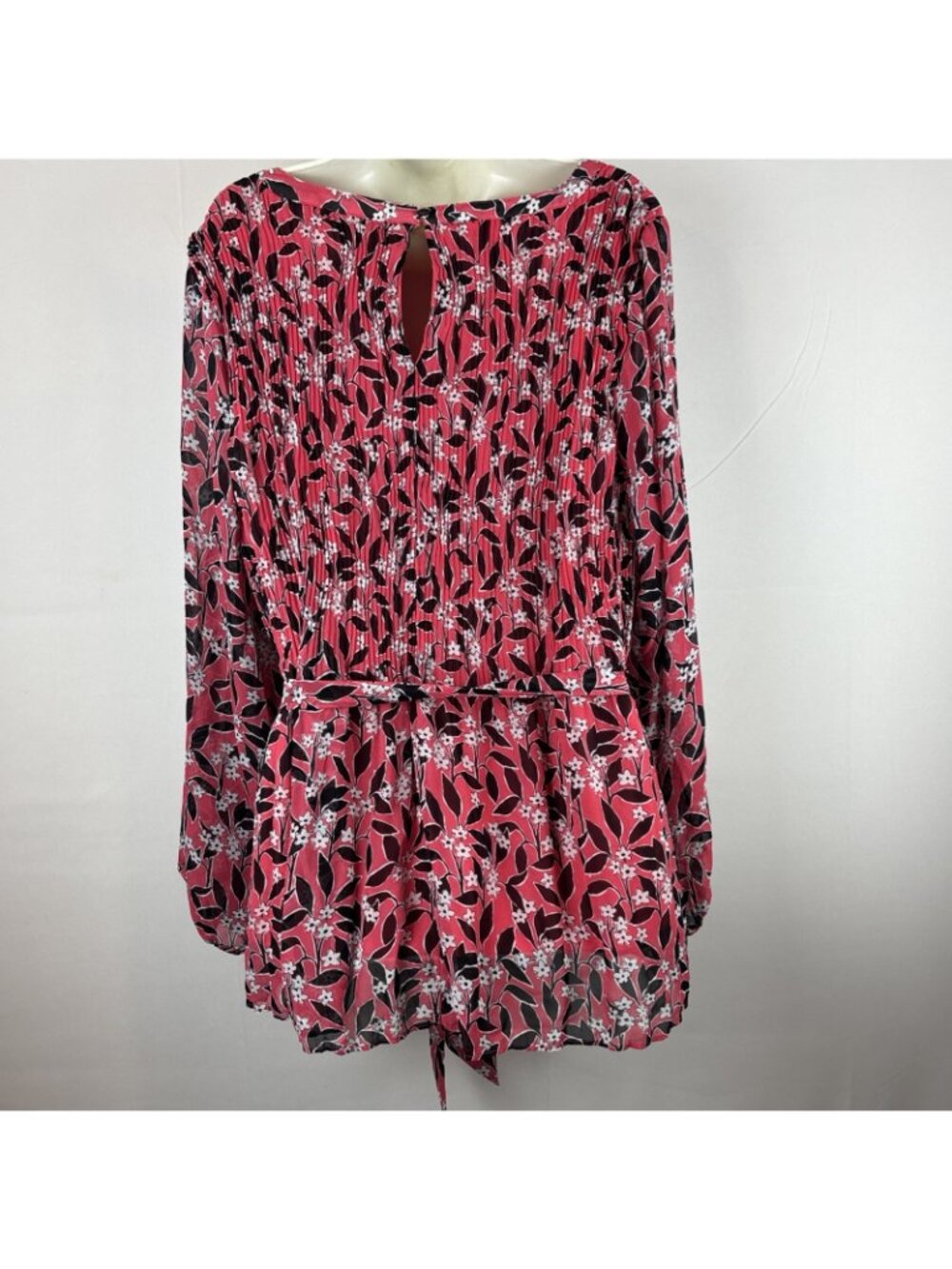 Lane Bryant 18 20 Pink Black Floral Pleated Chiffon Blouse Belted Top Lined - Picture 4 of 7